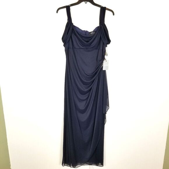 Alex Evenings Women's Long Cold Shoulder Dress Cowl Neck Size 18 Navy Gown